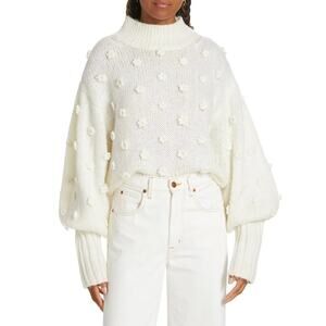 FARM Rio Embellished Flower Sweater Balloon Lantern Sleeve Mock Neck Ivory Large
